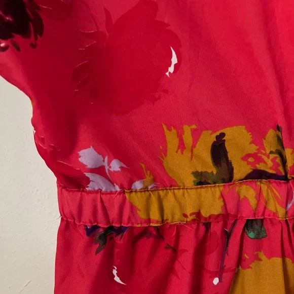 Strawberry Red Floral Romantic V-neck Midi High-low Dress High Waist Crossover L - Picture 5 of 11